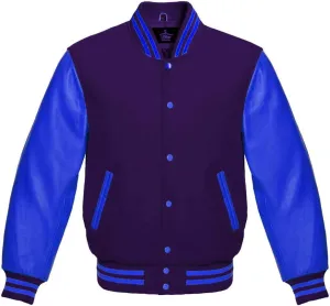 Varsity Jacket Baseball Letterman Bomber School Collage Premium Wool & Royal Blue Genuine leather sleeves
