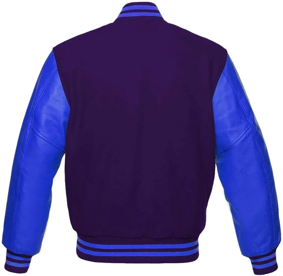 Varsity Jacket Baseball Letterman Bomber School Collage Premium Wool & Royal Blue Genuine leather sleeves