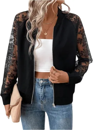 Verdusa Women's Lightweight Jacket Contrast Lace Zip Up Bomber Tops Raglan Long Sleeve Fall Outerwear