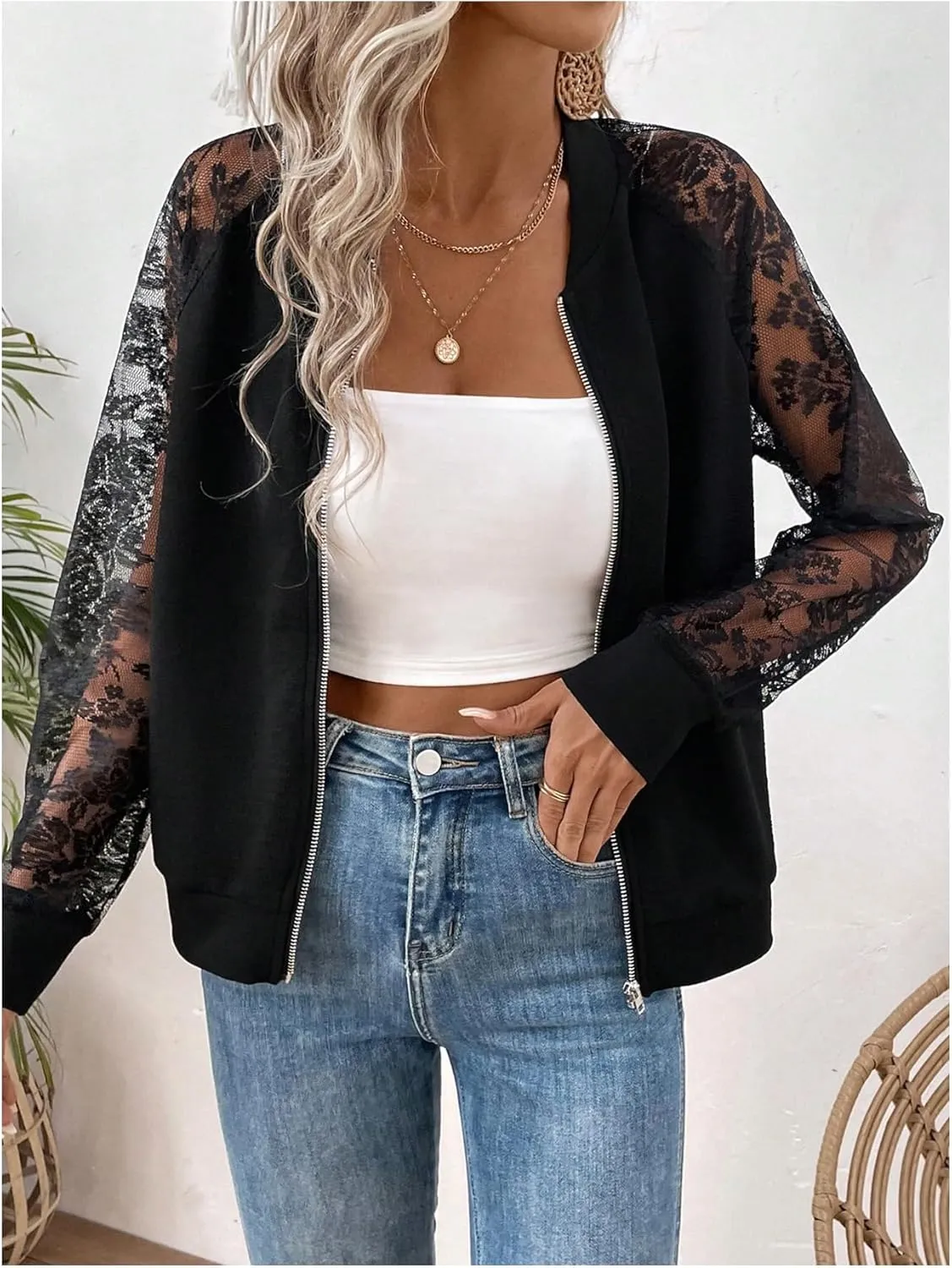 Verdusa Women's Lightweight Jacket Contrast Lace Zip Up Bomber Tops Raglan Long Sleeve Fall Outerwear