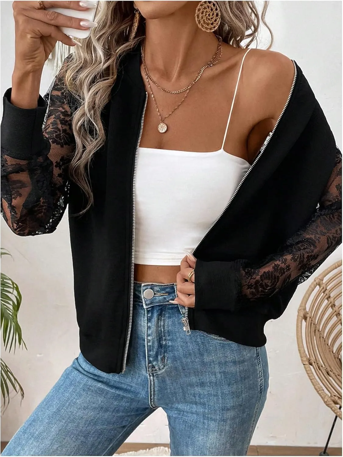 Verdusa Women's Lightweight Jacket Contrast Lace Zip Up Bomber Tops Raglan Long Sleeve Fall Outerwear