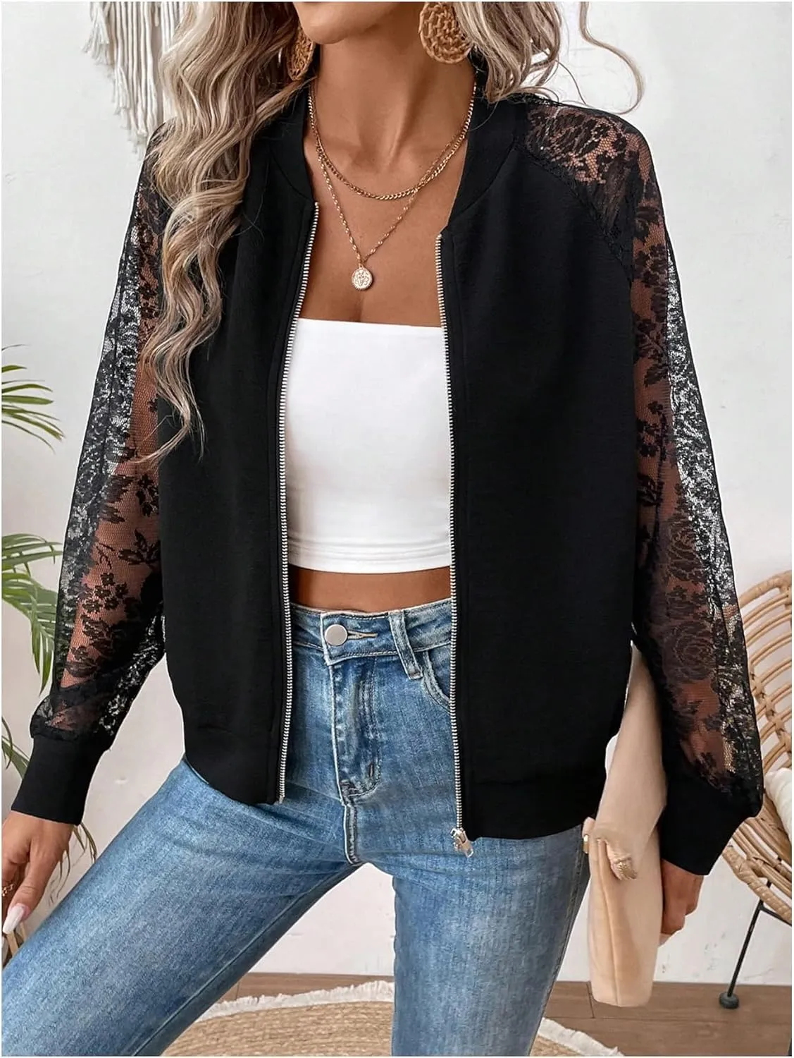 Verdusa Women's Lightweight Jacket Contrast Lace Zip Up Bomber Tops Raglan Long Sleeve Fall Outerwear
