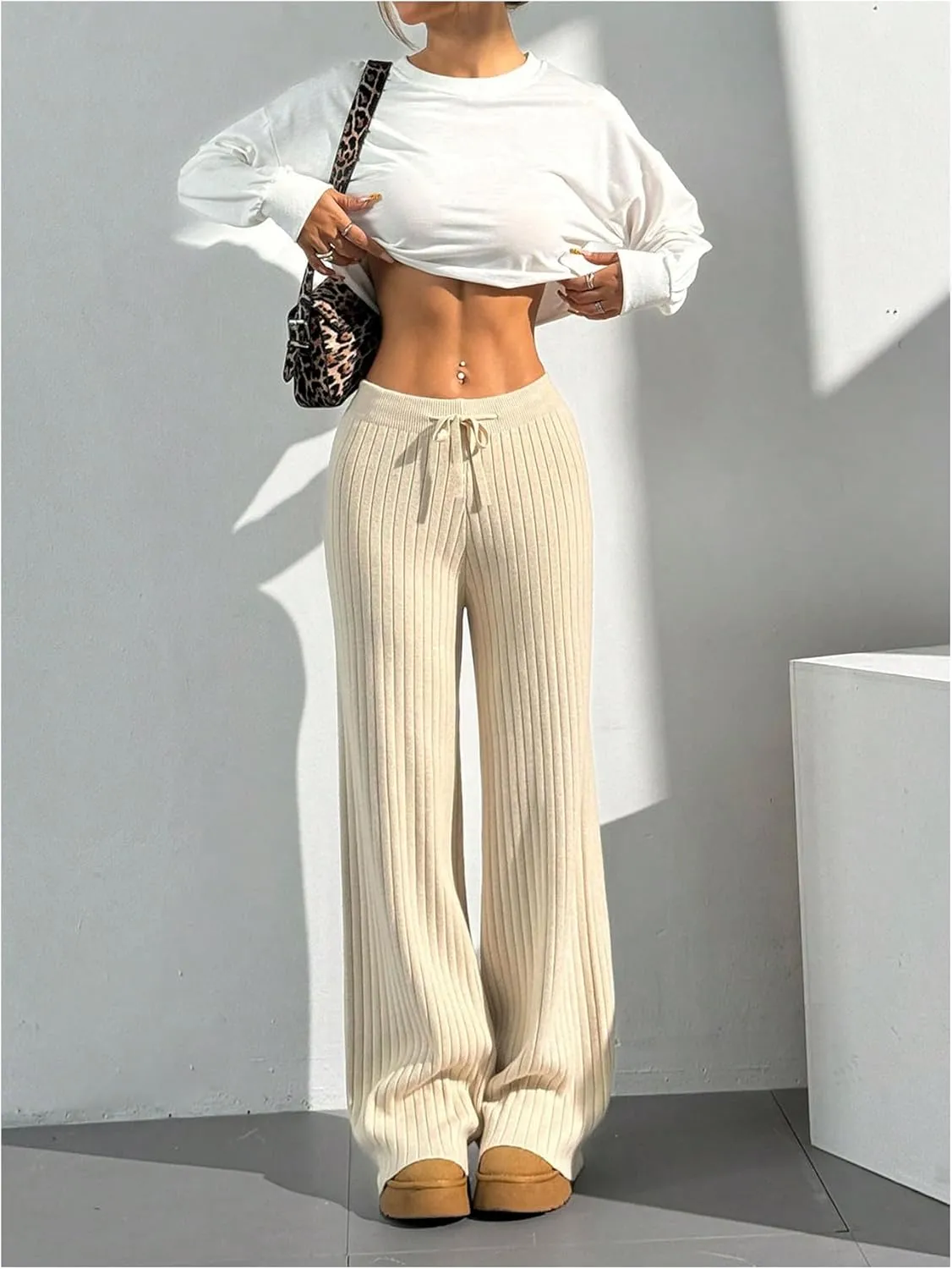 Verdusa Women's Wide Leg Comfy Knit Lounge Pant Drawstring High Waisted Striped Chunky Sweater Pants