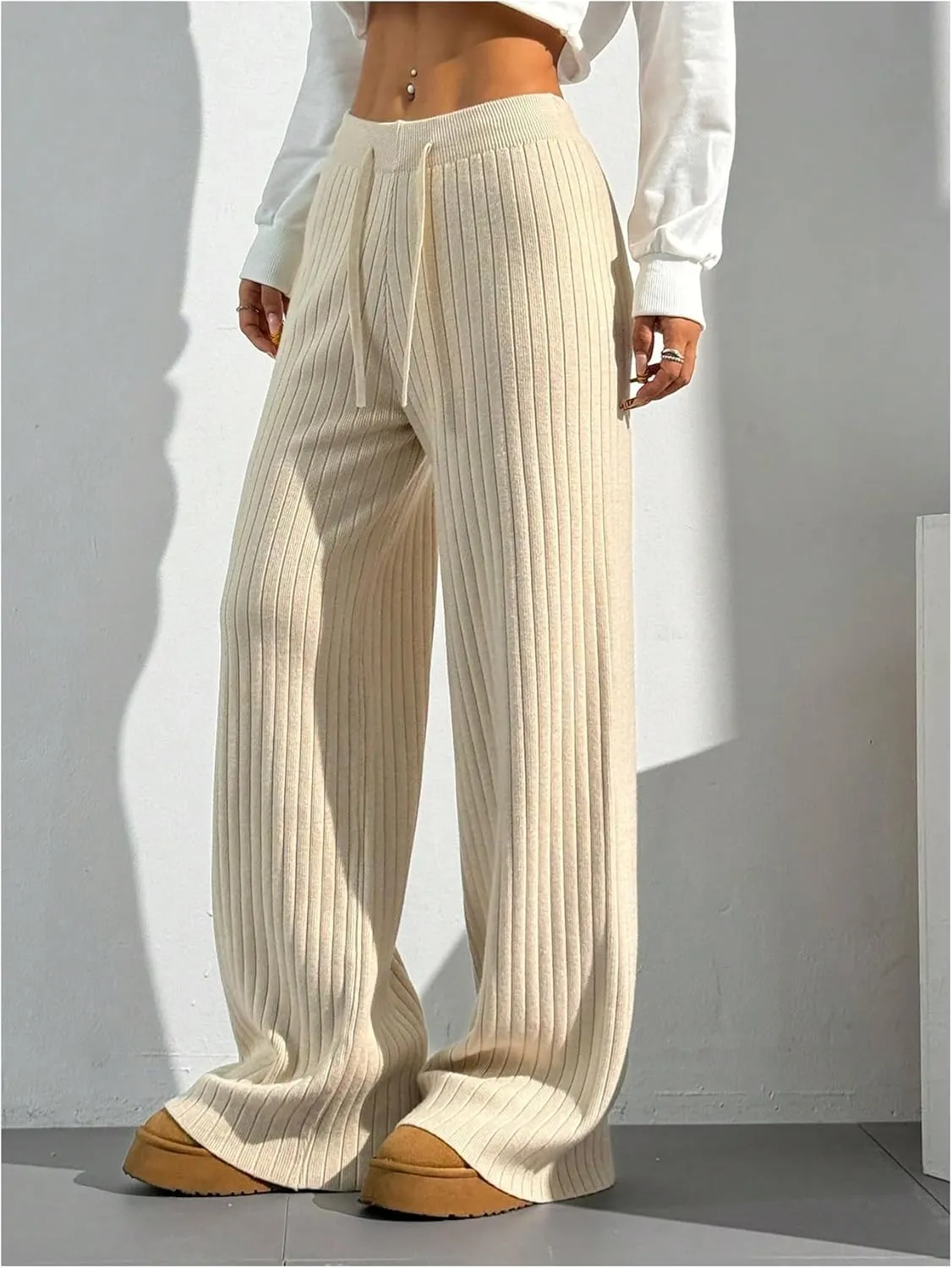 Verdusa Women's Wide Leg Comfy Knit Lounge Pant Drawstring High Waisted Striped Chunky Sweater Pants
