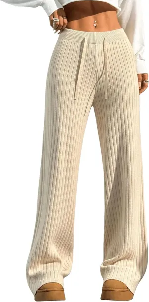 Verdusa Women's Wide Leg Comfy Knit Lounge Pant Drawstring High Waisted Striped Chunky Sweater Pants
