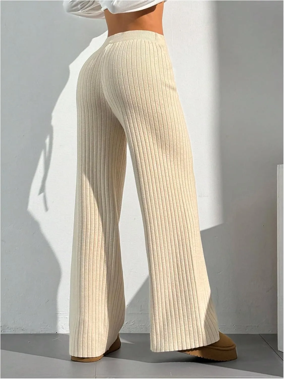 Verdusa Women's Wide Leg Comfy Knit Lounge Pant Drawstring High Waisted Striped Chunky Sweater Pants
