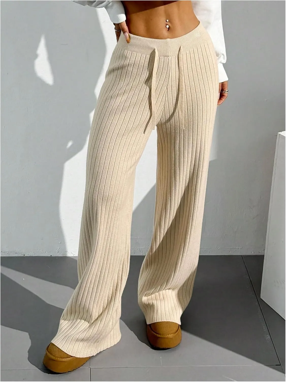 Verdusa Women's Wide Leg Comfy Knit Lounge Pant Drawstring High Waisted Striped Chunky Sweater Pants