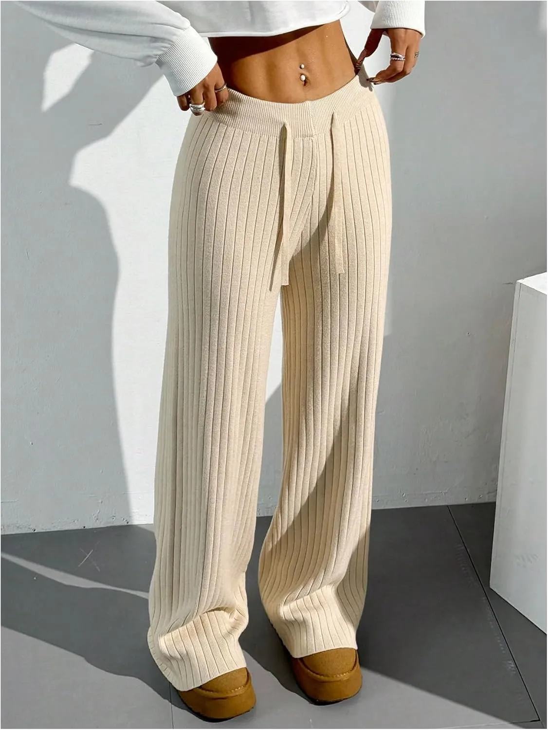 Verdusa Women's Wide Leg Comfy Knit Lounge Pant Drawstring High Waisted Striped Chunky Sweater Pants