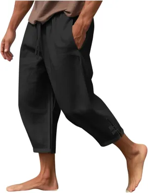 Vickyleb Men's Casual Linen Pants Elastic Drawstring Waist Loose Fit Straight Legs Summer Yoga Beach Long Pants for Men