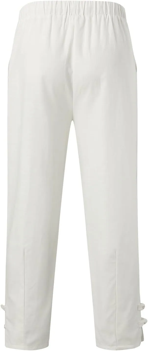 Vickyleb Men's Casual Linen Pants Elastic Drawstring Waist Loose Fit Straight Legs Summer Yoga Beach Long Pants for Men