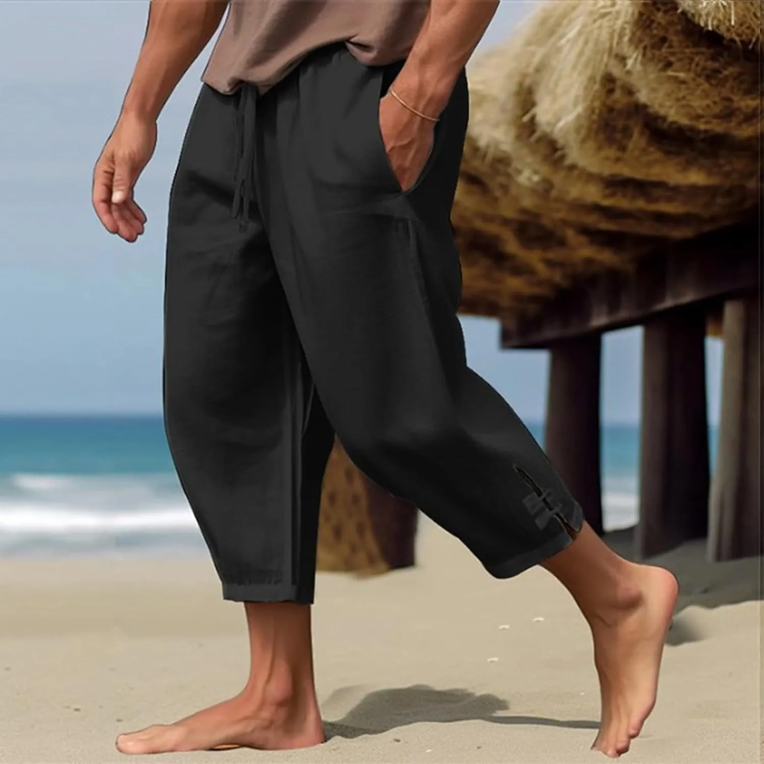 Vickyleb Men's Casual Linen Pants Elastic Drawstring Waist Loose Fit Straight Legs Summer Yoga Beach Long Pants for Men
