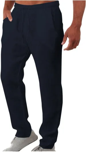 Vickyleb Men's Linen Pants Slim Fit Cotton Casual Lightweight Elastic Waist Summer Beach Loose Trousers with Pockets