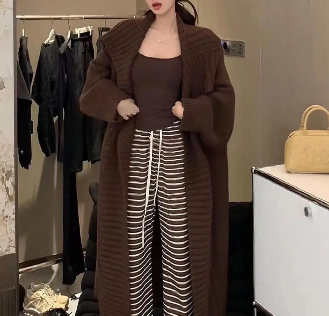 Vintage Lapel Long Sweater Coat 2023 New Loose Large Size Knit Cardigan Large Lapel Long Lazy Style Knit Sweater Coat