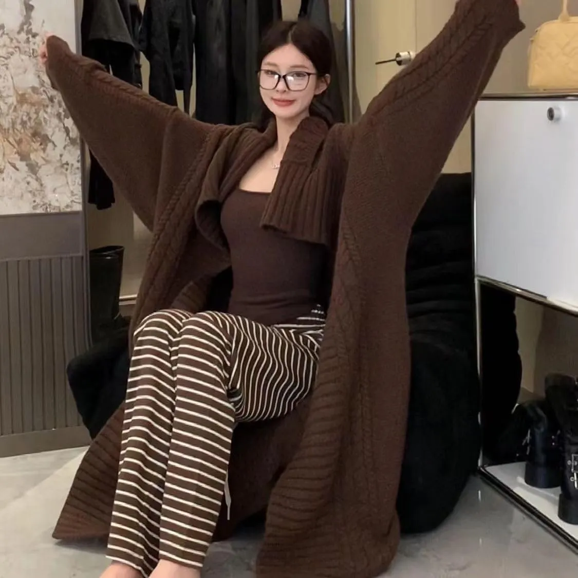 Vintage Lapel Long Sweater Coat 2023 New Loose Large Size Knit Cardigan Large Lapel Long Lazy Style Knit Sweater Coat