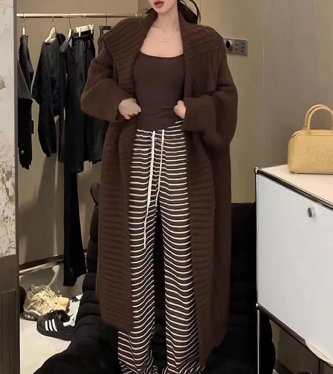 Vintage Lapel Long Sweater Coat 2023 New Loose Large Size Knit Cardigan Large Lapel Long Lazy Style Knit Sweater Coat