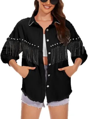 VIVICOLOR Women Studded Jean Jacket Fringe Rhinestone Denim Jacket Tassel Denim Jacket Raw Hem