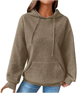 Waffle Knit Hoodie Women Oversized Drawstring Hooded Sweatshirts Y2K Waffle Pullover Loose Fit Casual Cute Clothes