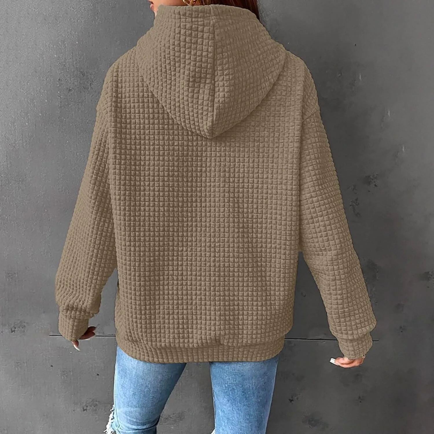 Waffle Knit Hoodie Women Oversized Drawstring Hooded Sweatshirts Y2K Waffle Pullover Loose Fit Casual Cute Clothes
