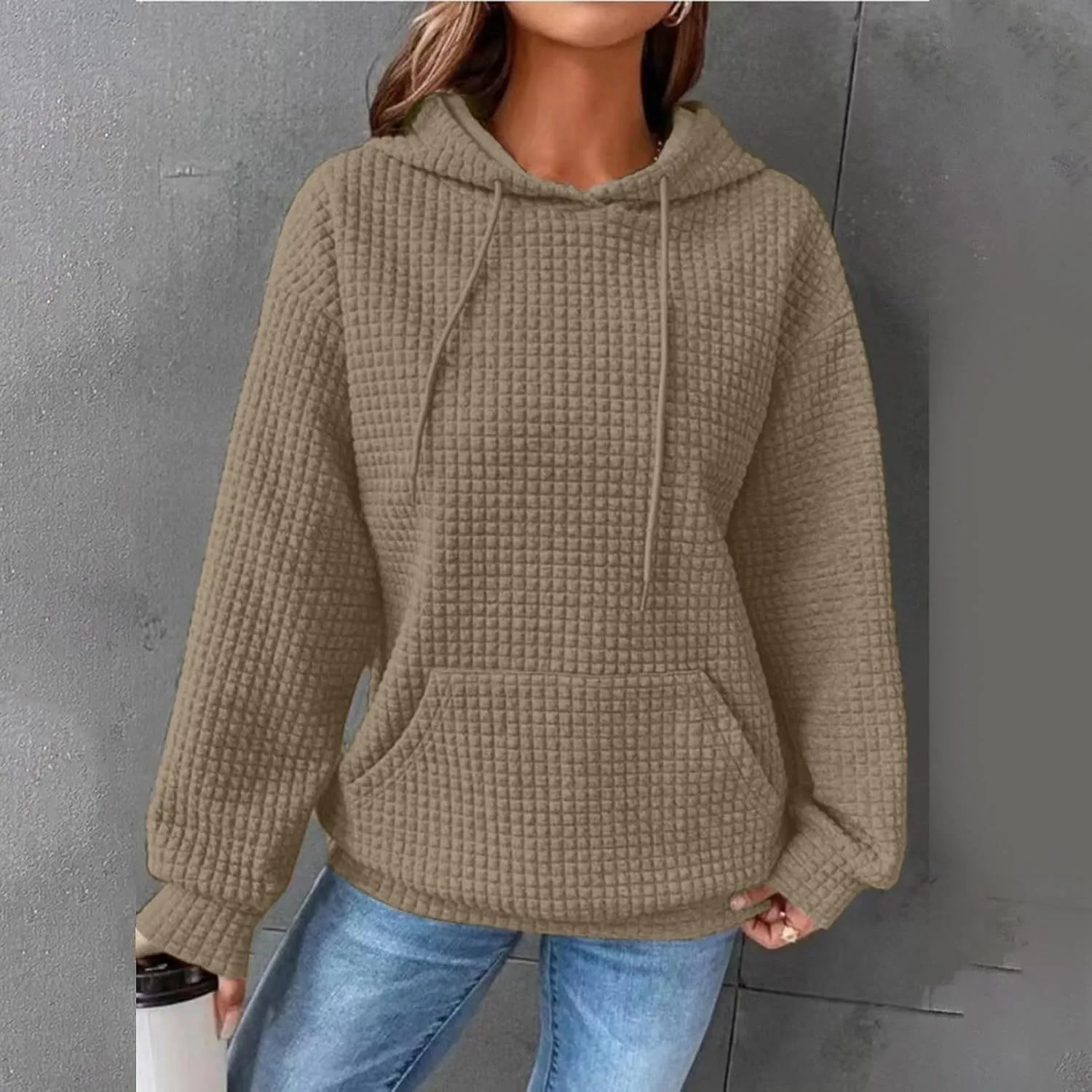 Waffle Knit Hoodie Women Oversized Drawstring Hooded Sweatshirts Y2K Waffle Pullover Loose Fit Casual Cute Clothes