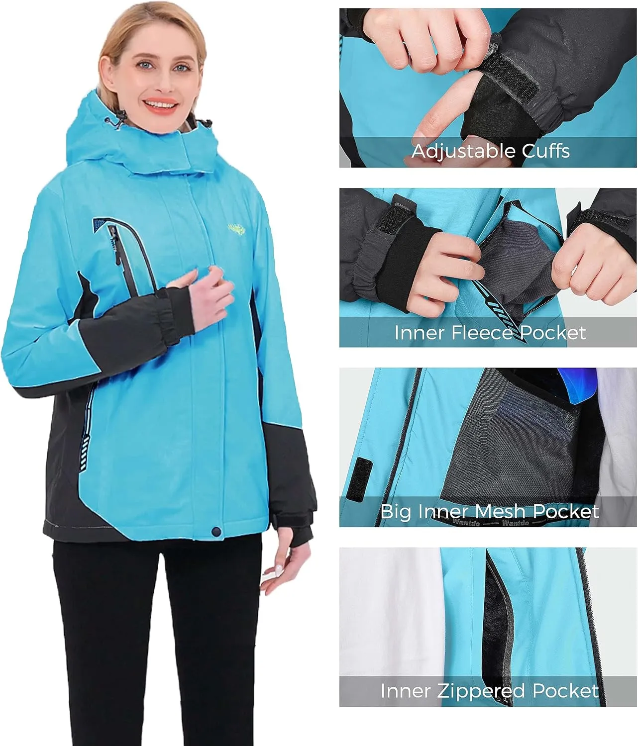 wantdo Women's Mountain Waterproof Ski Jacket Windproof Rain Jacket Winter Warm Hooded Coat