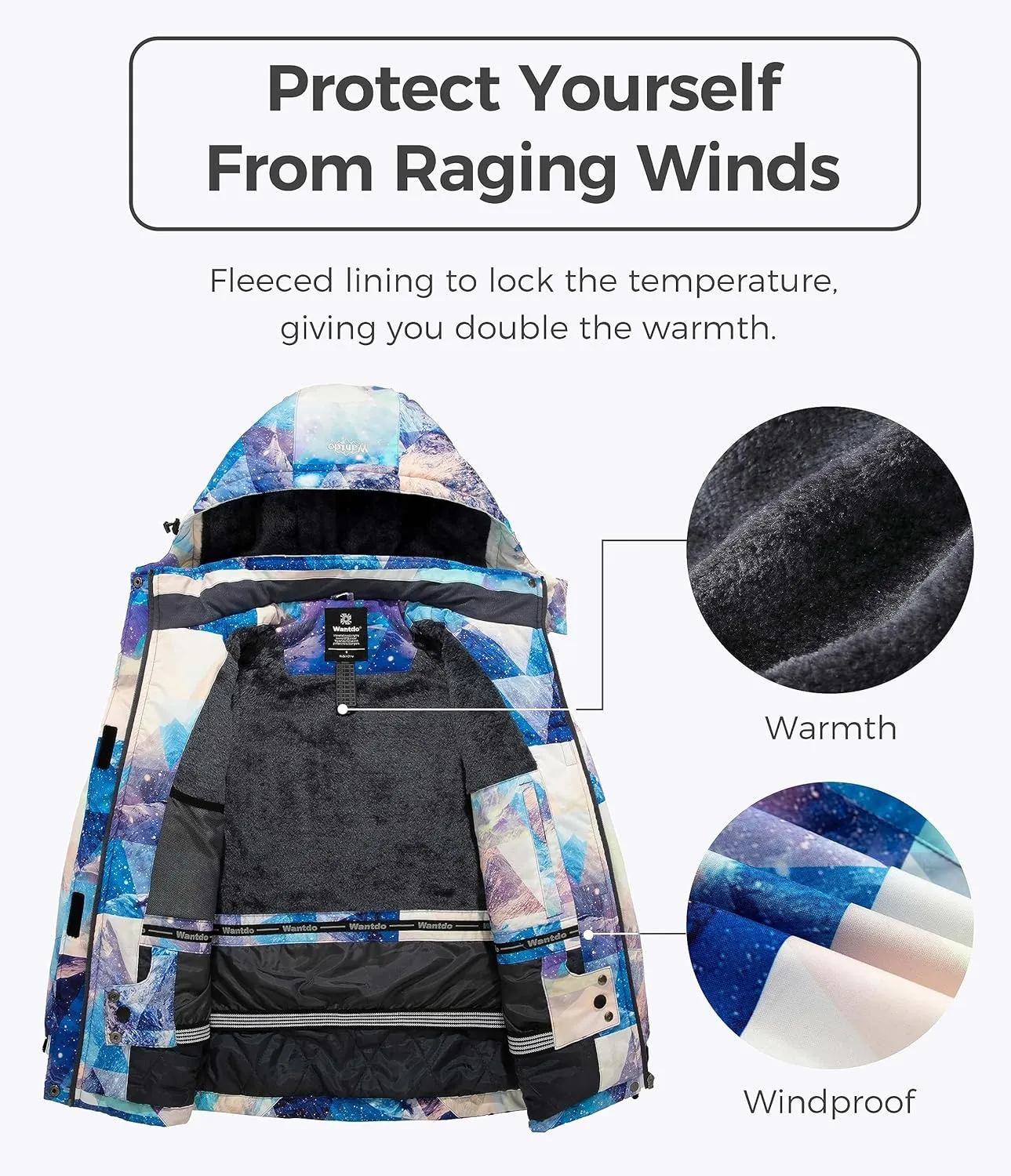 wantdo Women's Mountain Waterproof Ski Jacket Windproof Rain Jacket Winter Warm Hooded Coat
