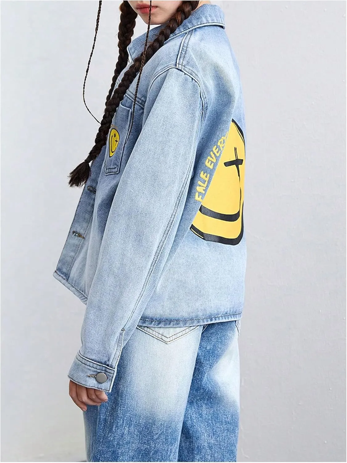 WDIRARA Girl's Cartoon Graphic Denim Jacket Button Down Long Sleeve Denim Coat Cute Outerwear
