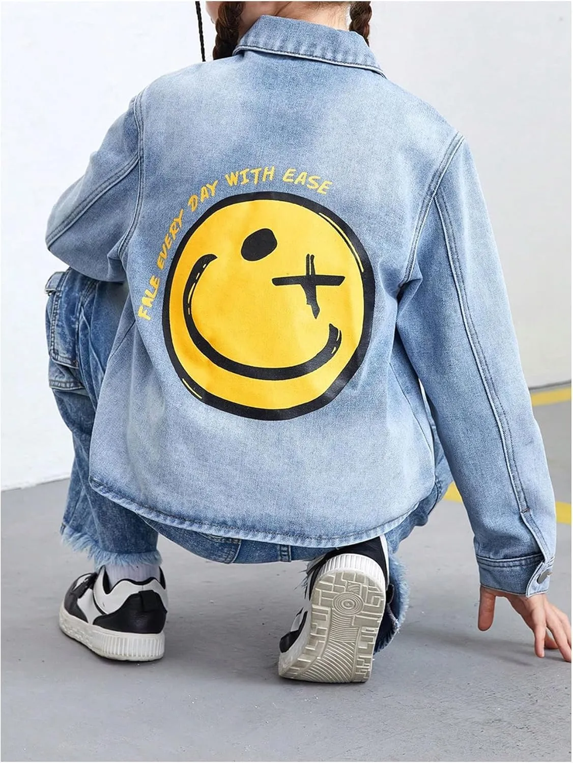 WDIRARA Girl's Cartoon Graphic Denim Jacket Button Down Long Sleeve Denim Coat Cute Outerwear