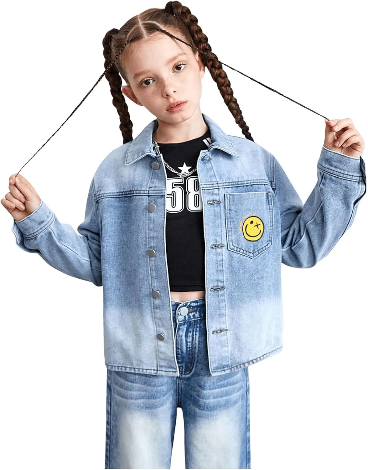 WDIRARA Girl's Cartoon Graphic Denim Jacket Button Down Long Sleeve Denim Coat Cute Outerwear