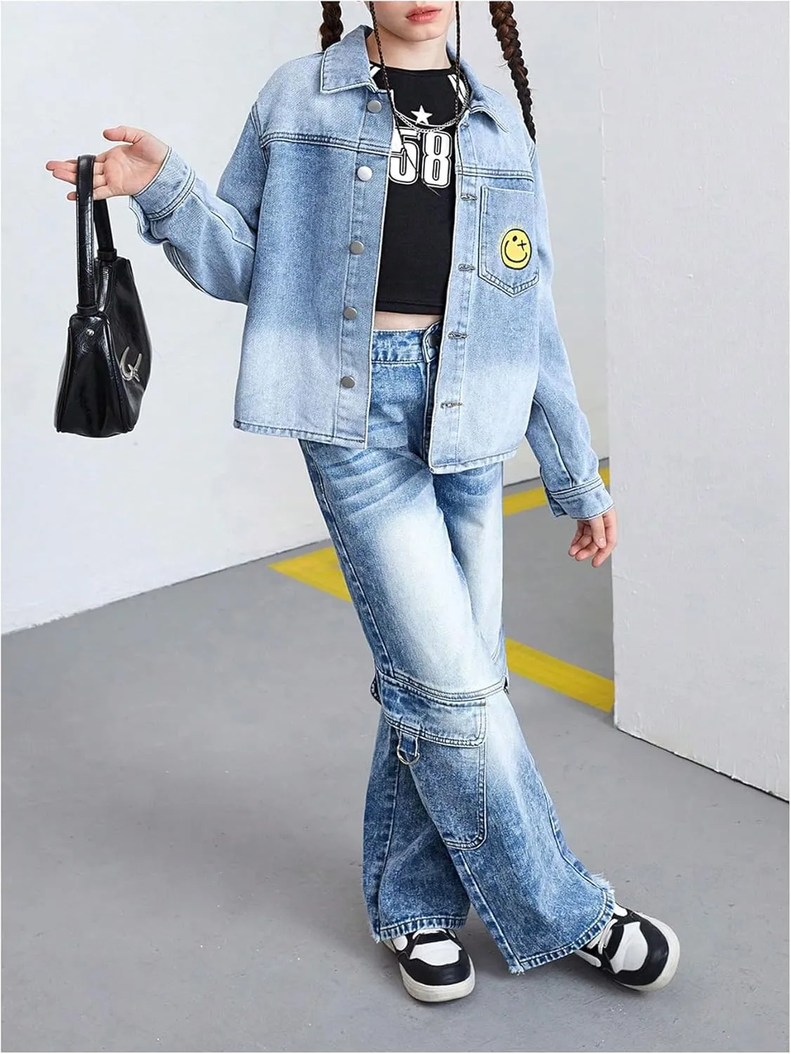 WDIRARA Girl's Cartoon Graphic Denim Jacket Button Down Long Sleeve Denim Coat Cute Outerwear