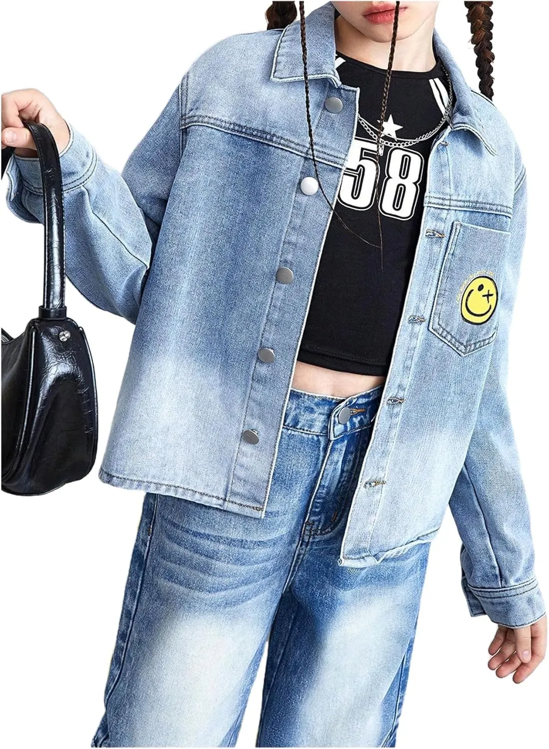 WDIRARA Girl's Cartoon Graphic Denim Jacket Button Down Long Sleeve Denim Coat Cute Outerwear