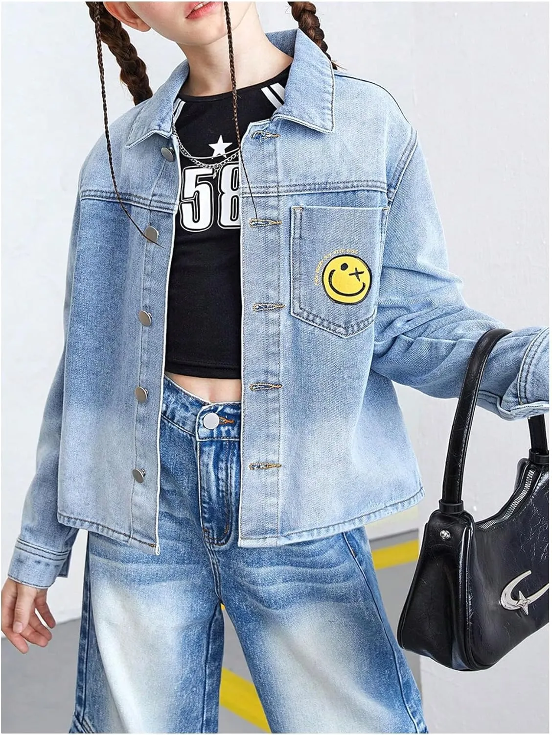 WDIRARA Girl's Cartoon Graphic Denim Jacket Button Down Long Sleeve Denim Coat Cute Outerwear