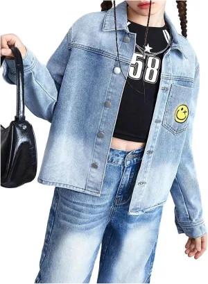 WDIRARA Girl's Cartoon Graphic Denim Jacket Button Down Long Sleeve Denim Coat Cute Outerwear