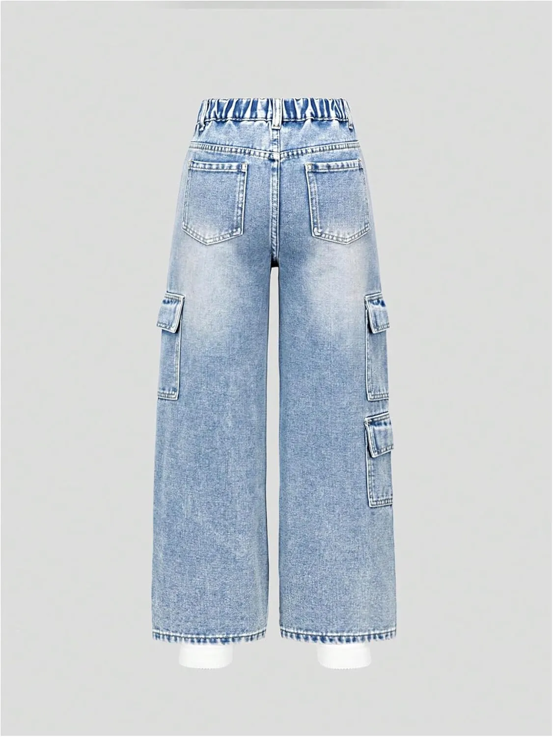 WDIRARA Girl's Rhinestone Elastic Waist Cargo Jeans Casual Baggy Wide Leg Denim Pants