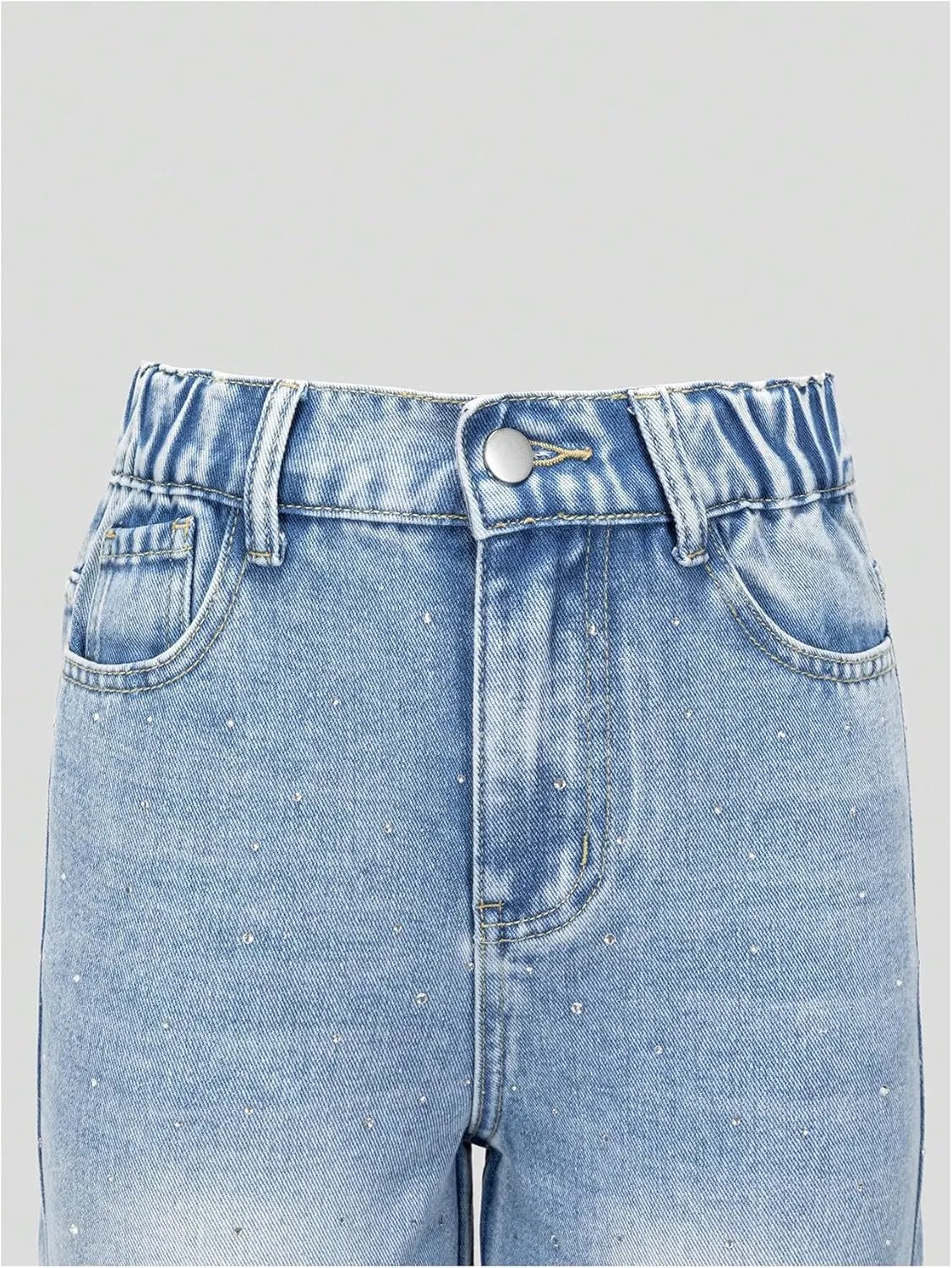 WDIRARA Girl's Rhinestone Elastic Waist Cargo Jeans Casual Baggy Wide Leg Denim Pants