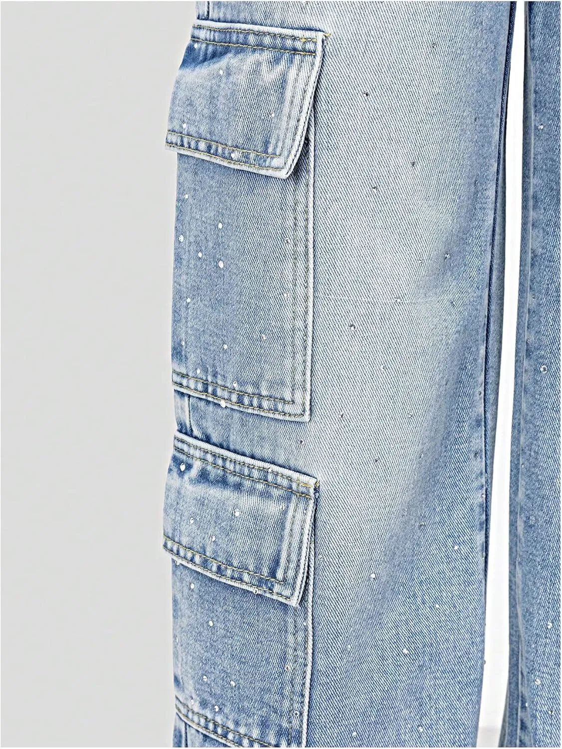 WDIRARA Girl's Rhinestone Elastic Waist Cargo Jeans Casual Baggy Wide Leg Denim Pants