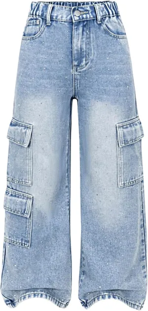 WDIRARA Girl's Rhinestone Elastic Waist Cargo Jeans Casual Baggy Wide Leg Denim Pants