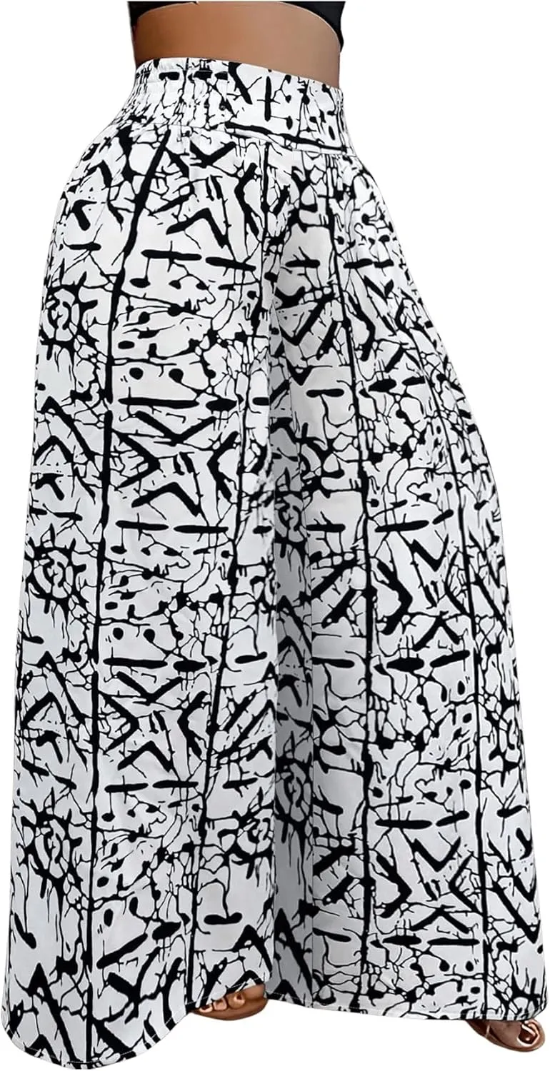 WDIRARA Women's Newspaper Print Wide Leg Pants Elastic Waist Loose Funky Letter Print Palazzo Pants