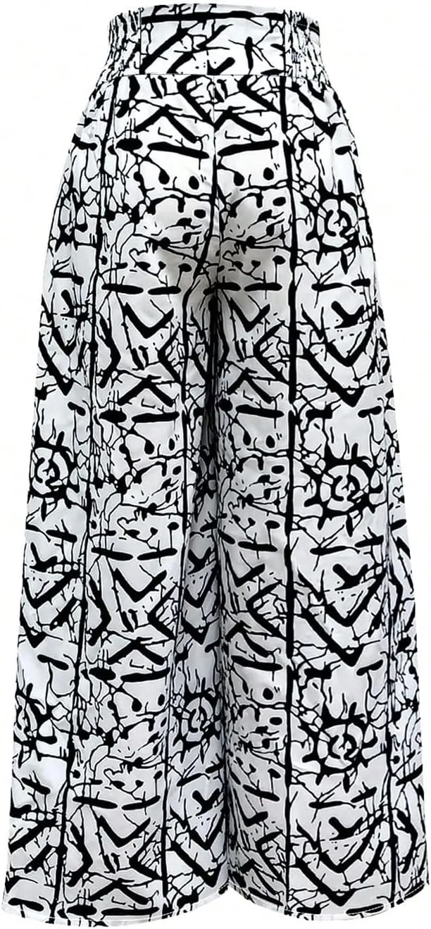 WDIRARA Women's Newspaper Print Wide Leg Pants Elastic Waist Loose Funky Letter Print Palazzo Pants
