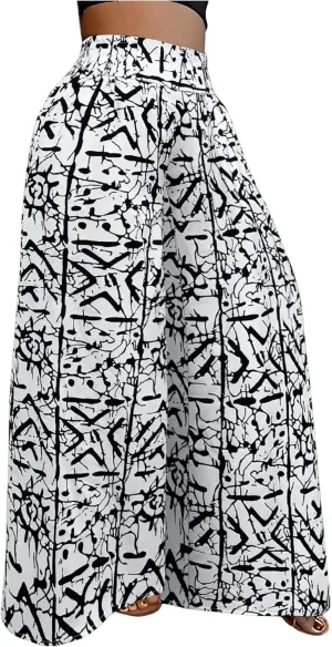 WDIRARA Women's Newspaper Print Wide Leg Pants Elastic Waist Loose Funky Letter Print Palazzo Pants