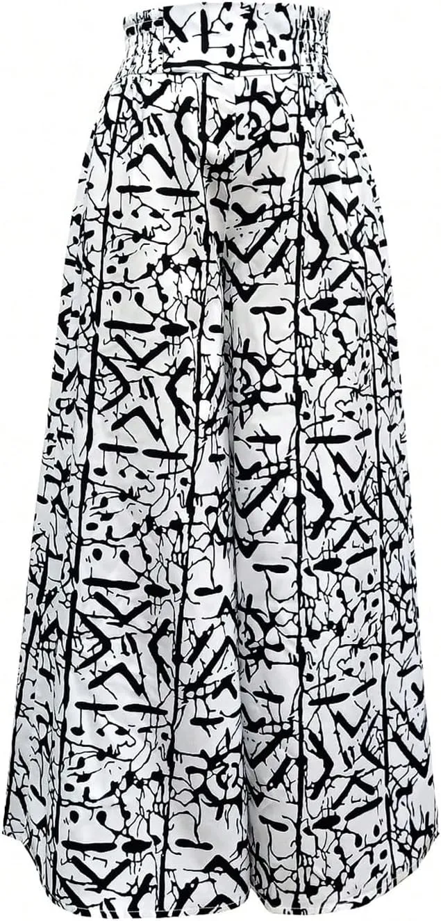 WDIRARA Women's Newspaper Print Wide Leg Pants Elastic Waist Loose Funky Letter Print Palazzo Pants