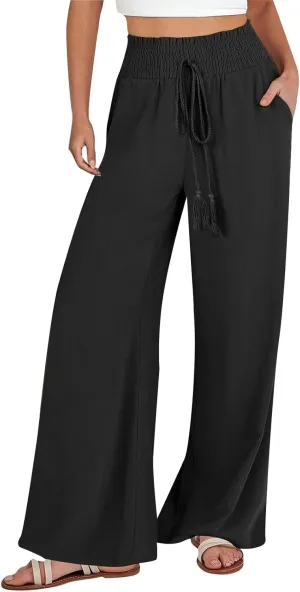 Wide Leg Linen Pants for Women Summer Drawstring Elastic High Waist Casual Boho Trousers Palazzo Flowy Pants with Pocket