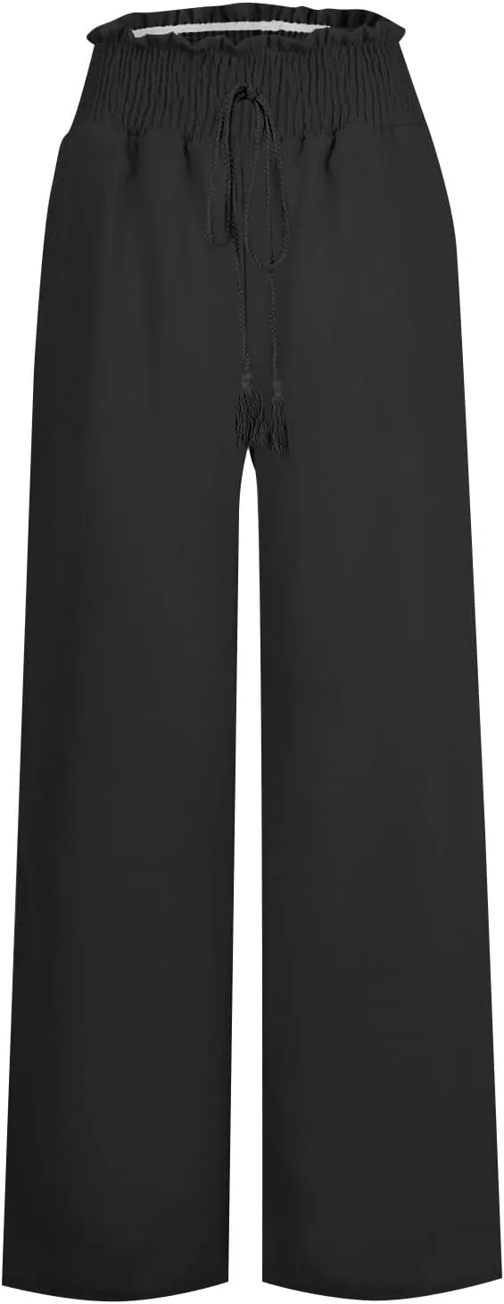 Wide Leg Linen Pants for Women Summer Drawstring Elastic High Waist Casual Boho Trousers Palazzo Flowy Pants with Pocket