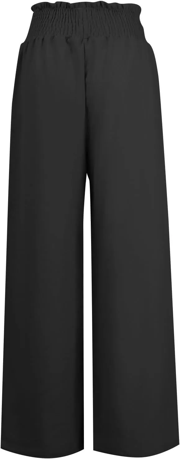 Wide Leg Linen Pants for Women Summer Drawstring Elastic High Waist Casual Boho Trousers Palazzo Flowy Pants with Pocket
