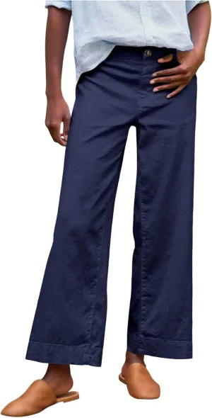 Wide Leg Linen Pants Women Cropped Elastic High Waisted Dress Pants Business Casual Comfy Work Pants with Pocket