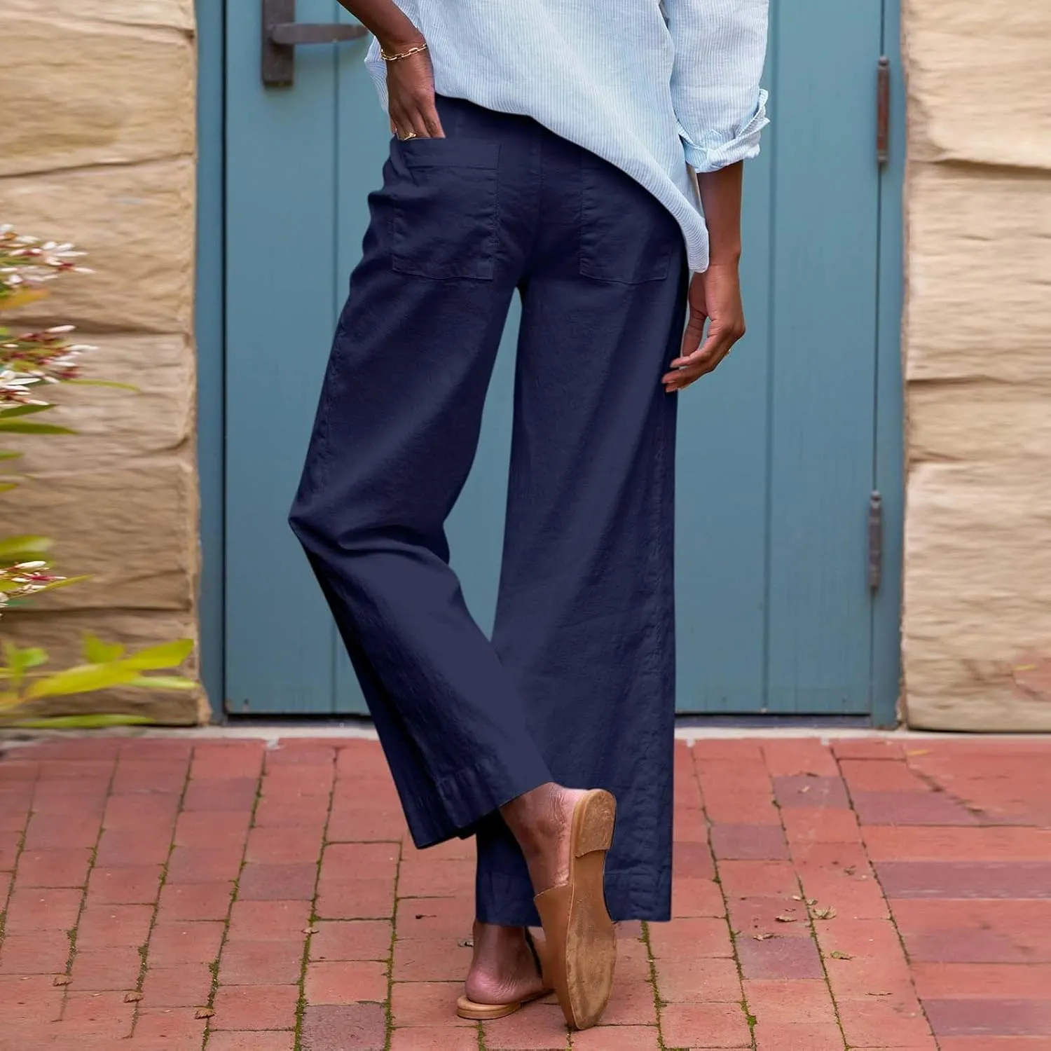 Wide Leg Linen Pants Women Cropped Elastic High Waisted Dress Pants Business Casual Comfy Work Pants with Pocket