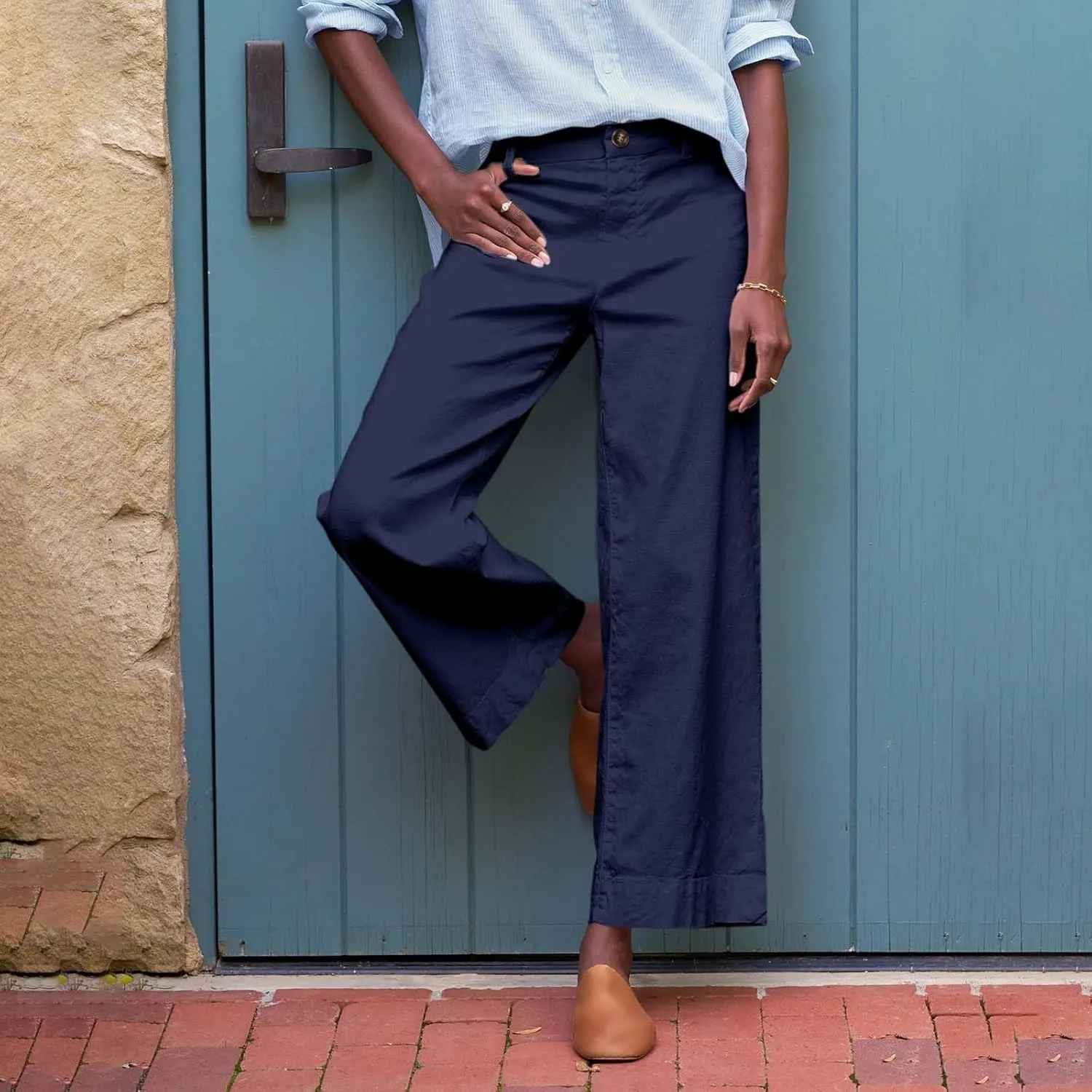Wide Leg Linen Pants Women Cropped Elastic High Waisted Dress Pants Business Casual Comfy Work Pants with Pocket