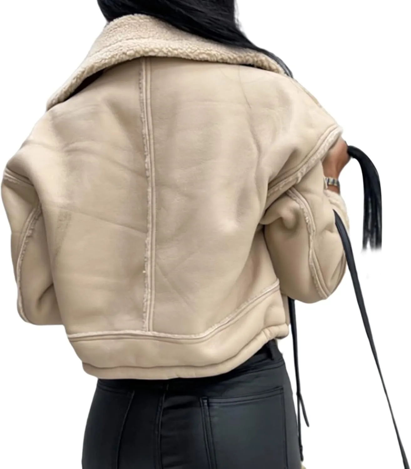 Winter Clothes Women Leather Open Front Jacket Contrast Color Plush Collar Cardigan with Belt Outwear Streetwear