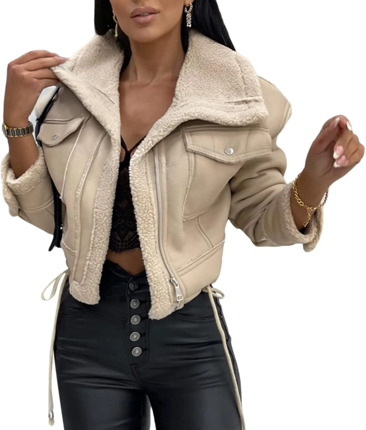 Winter Clothes Women Leather Open Front Jacket Contrast Color Plush Collar Cardigan with Belt Outwear Streetwear