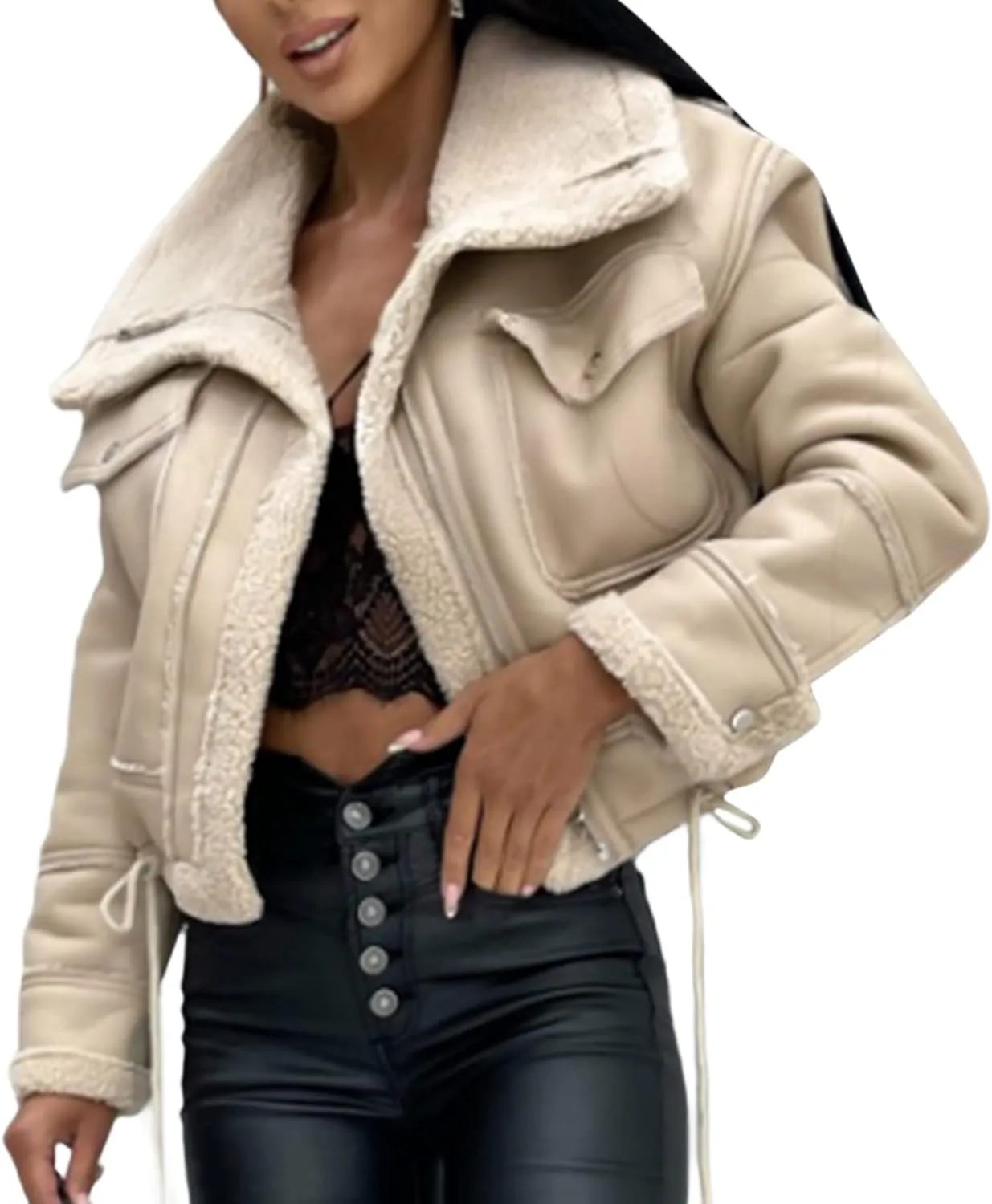 Winter Clothes Women Leather Open Front Jacket Contrast Color Plush Collar Cardigan with Belt Outwear Streetwear