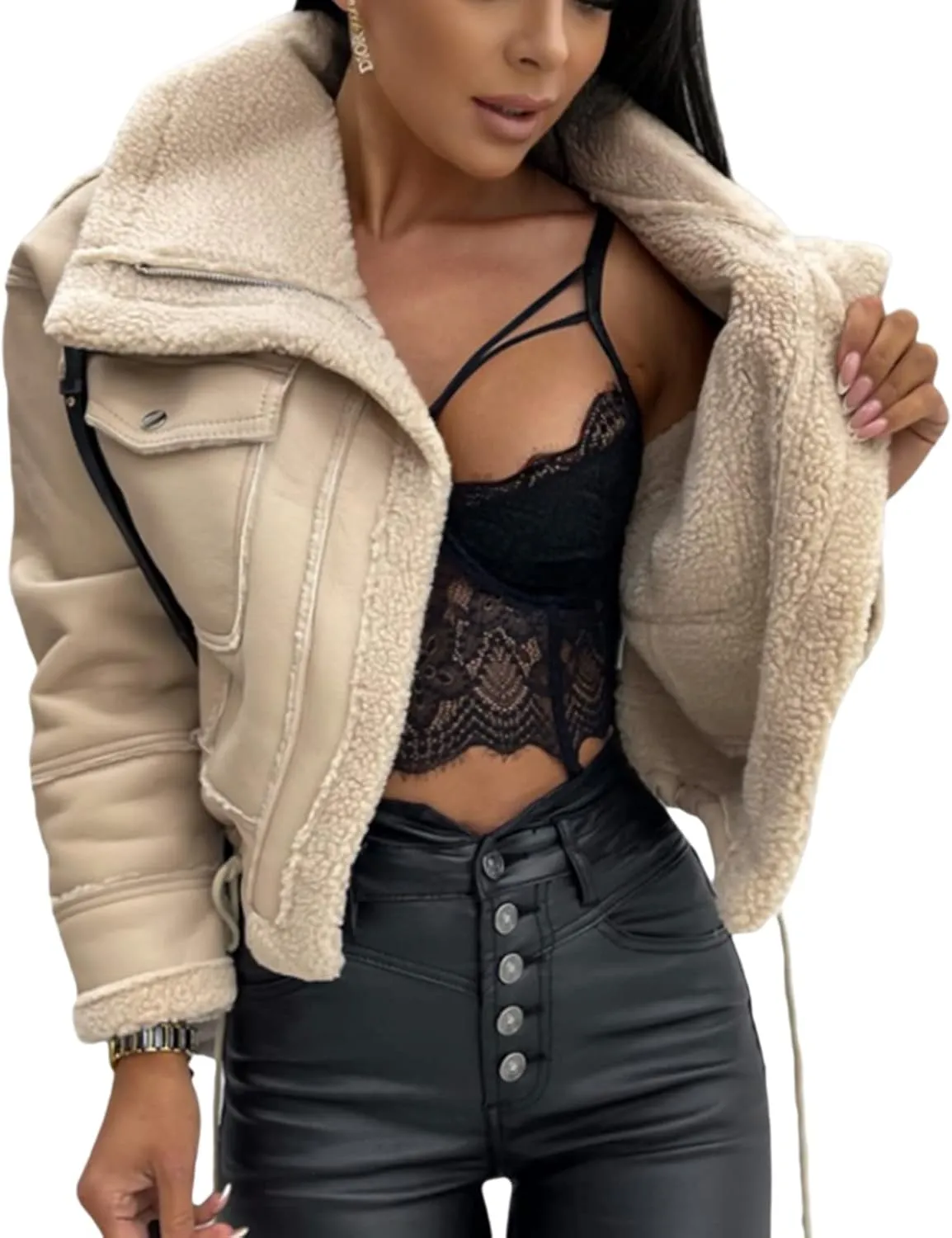 Winter Clothes Women Leather Open Front Jacket Contrast Color Plush Collar Cardigan with Belt Outwear Streetwear